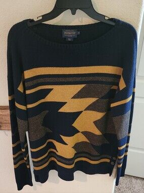 Pendleton Women's Side Button Merino Navy and Mustard Crewneck Patterned Sweater